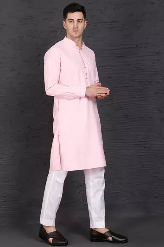 Men's pink cotton kurta with pant set