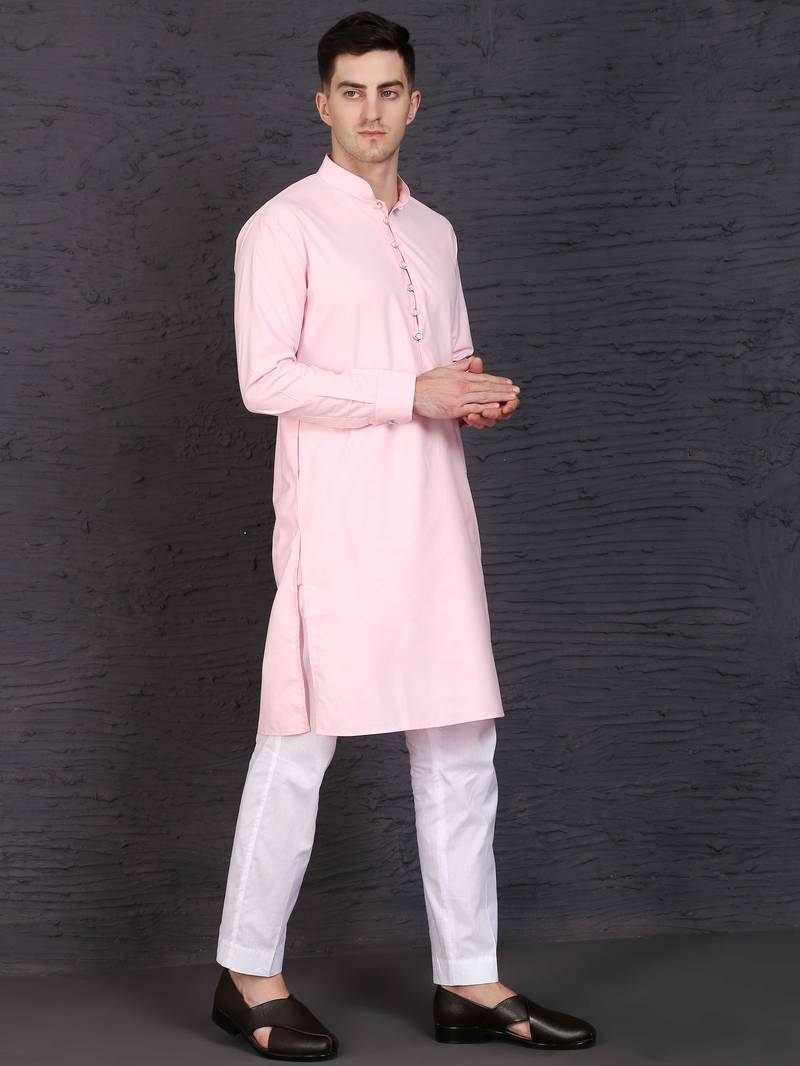 Men's pink cotton kurta with pant set