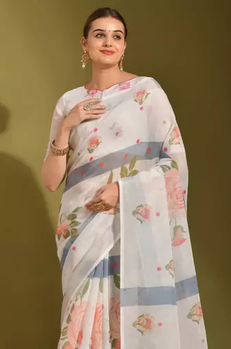 Floral digital print zari cotton lilen  saree with multicolored cotton tussle at pallu