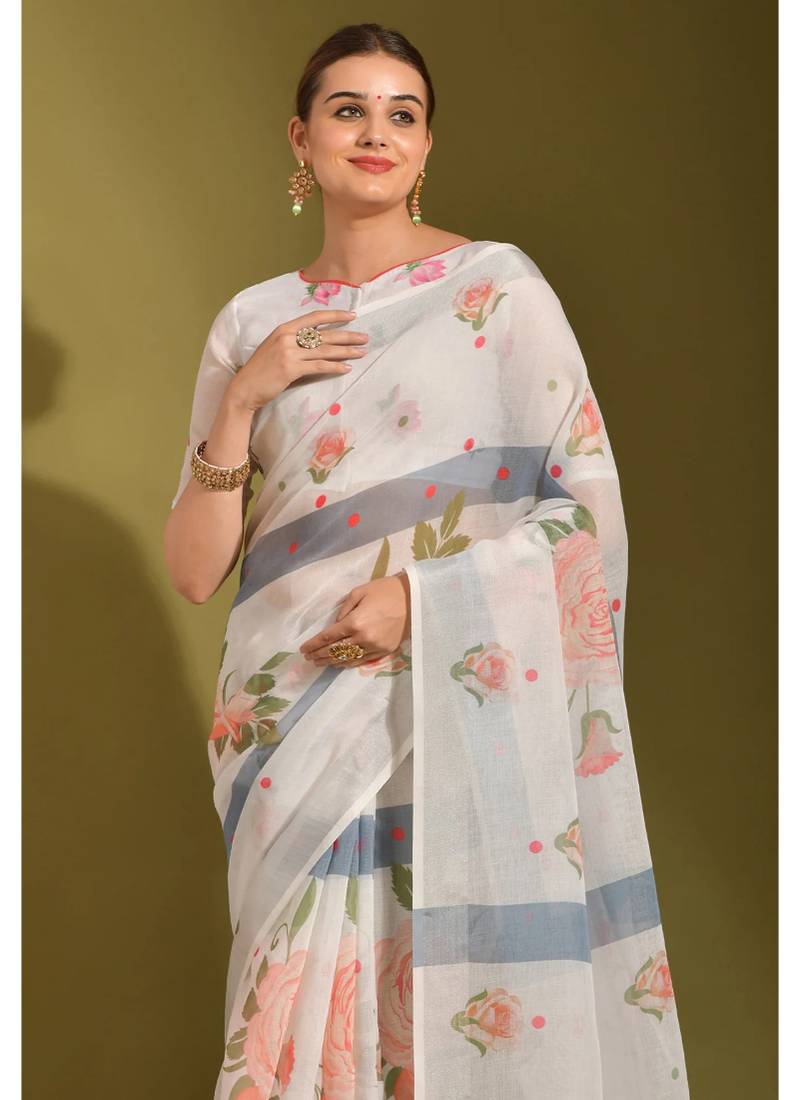 Floral digital print zari cotton lilen  saree with multicolored cotton tussle at pallu