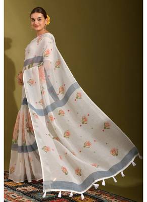 Floral digital print zari cotton lilen  saree with multicolored cotton tussle at pallu 4
