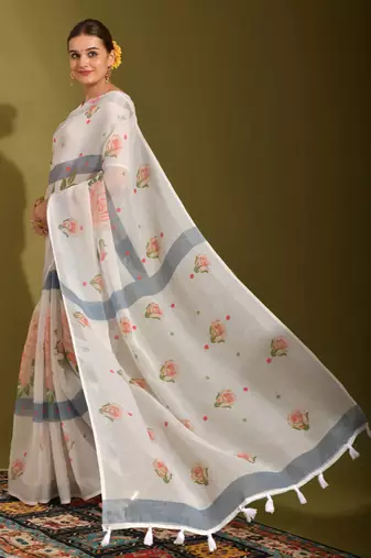 Floral digital print zari cotton lilen  saree with multicolored cotton tussle at pallu