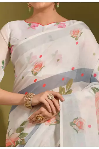 Floral digital print zari cotton lilen  saree with multicolored cotton tussle at pallu