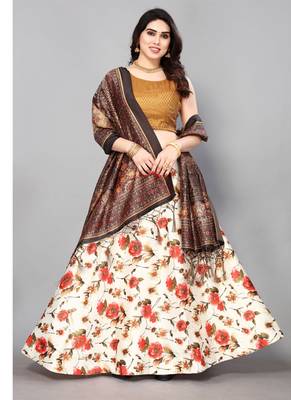 orange Floral Print Satin Silk  Lehenga Choli With Jacquard Unstitched Blouse and Assami Silk Thread Work Dupatta 5