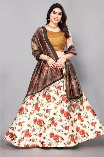 orange Floral Print Satin Silk  Lehenga Choli With Jacquard Unstitched Blouse and Assami Silk Thread Work Dupatta