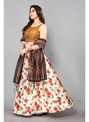 orange Floral Print Satin Silk  Lehenga Choli With Jacquard Unstitched Blouse and Assami Silk Thread Work Dupatta 6