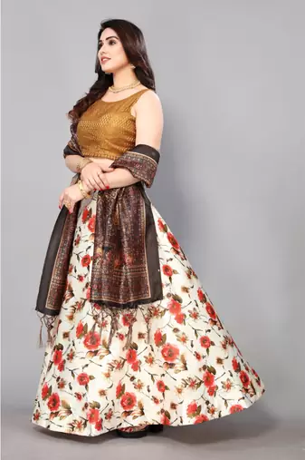 orange Floral Print Satin Silk  Lehenga Choli With Jacquard Unstitched Blouse and Assami Silk Thread Work Dupatta