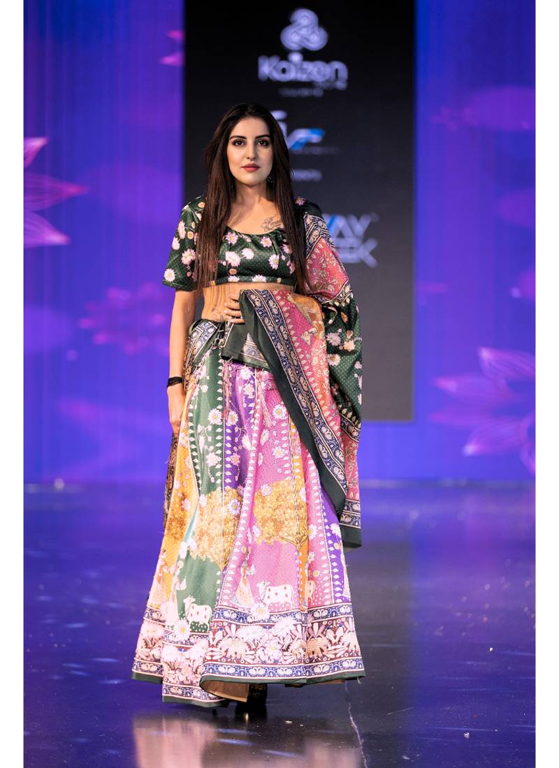 tan Motif Print Shiney Satin Lehenga Choli With Unstitched Digital Print Blouse and Shiney Assam Silk Dupatta