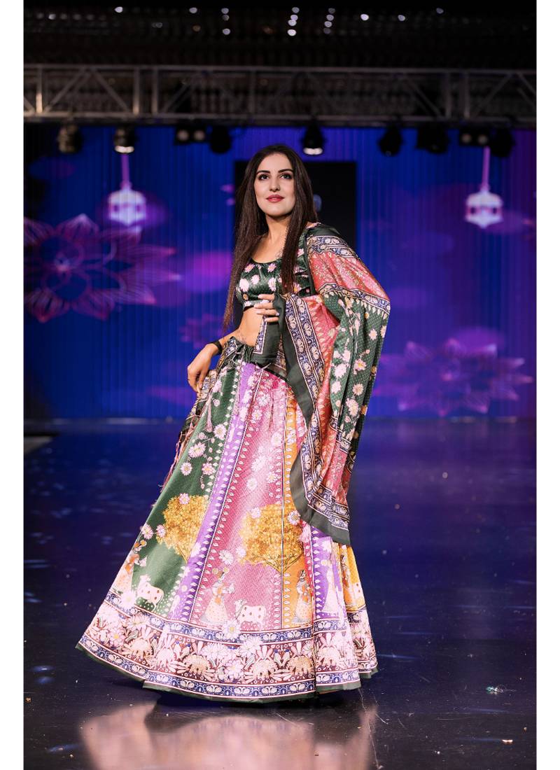 tan Motif Print Shiney Satin Lehenga Choli With Unstitched Digital Print Blouse and Shiney Assam Silk Dupatta
