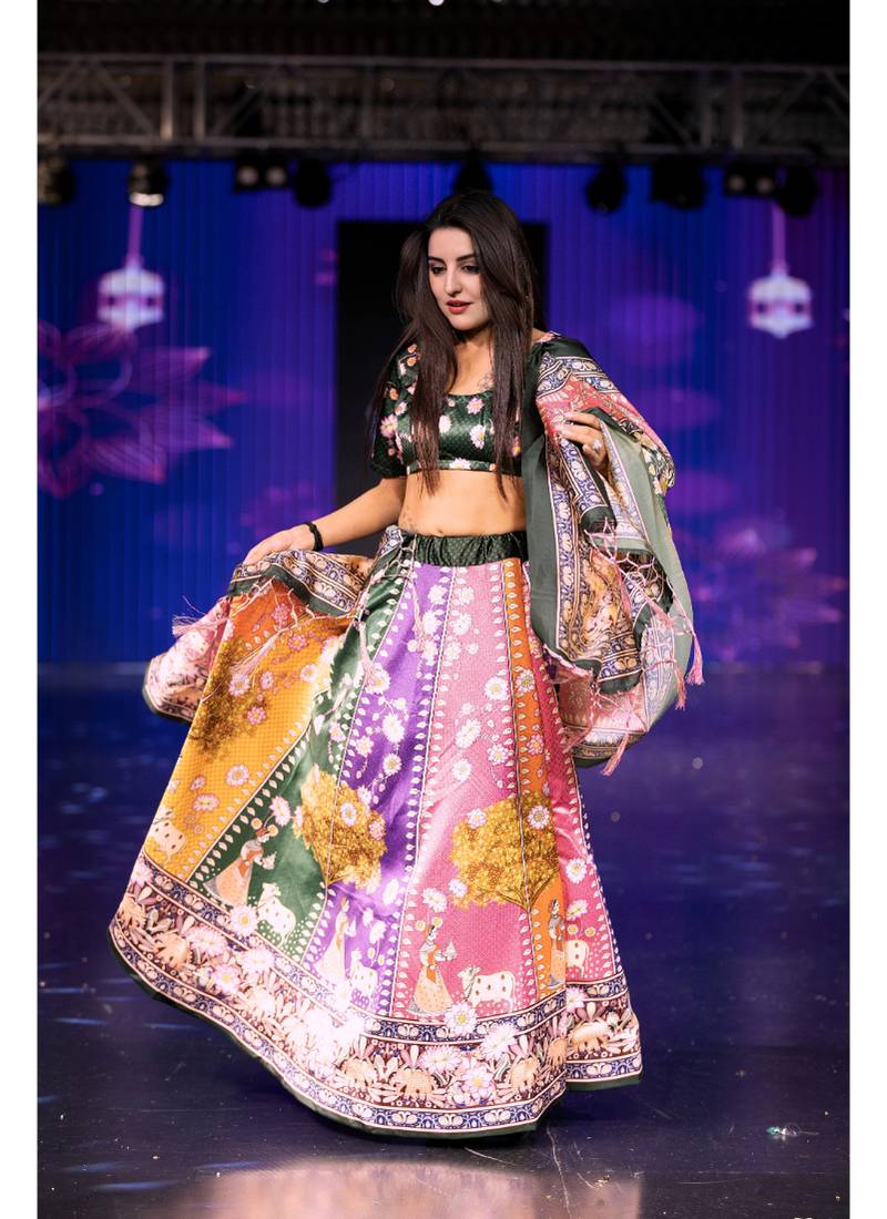 tan Motif Print Shiney Satin Lehenga Choli With Unstitched Digital Print Blouse and Shiney Assam Silk Dupatta
