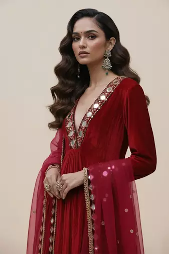 Maroon embroidered organza sharara set