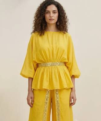 Yellow embroidered satin co ord set 2