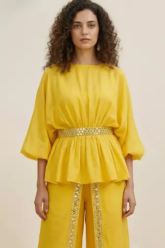 Yellow embroidered satin co ord set
