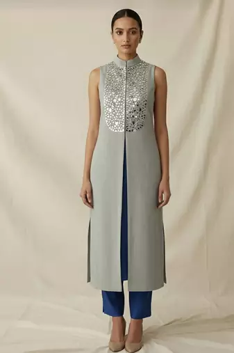 Grey embroidered raw silk kurta set