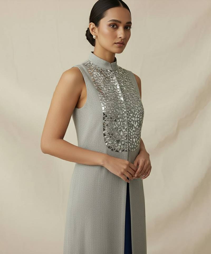 Grey embroidered raw silk kurta set