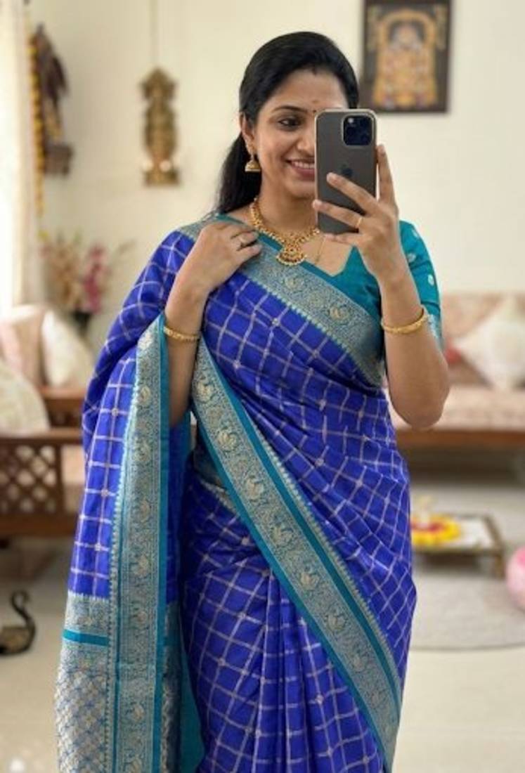 blue kanjivaram silk saree gold zari checks weave