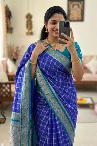 blue kanjivaram silk saree gold zari checks weave