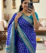 blue kanjivaram silk saree gold zari checks weave