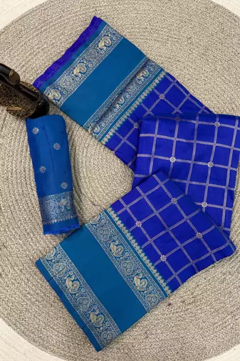 blue kanjivaram silk saree gold zari checks weave