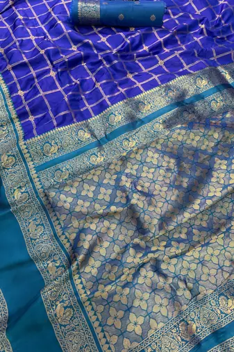 blue kanjivaram silk saree gold zari checks weave