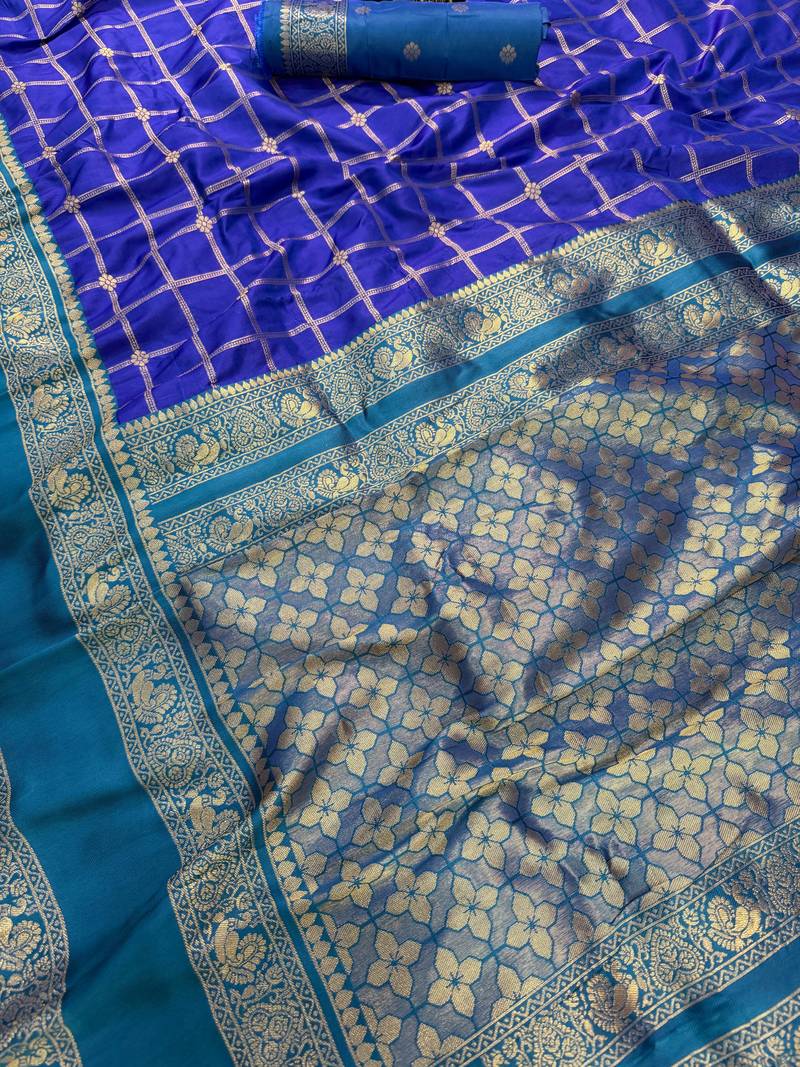 blue kanjivaram silk saree gold zari checks weave