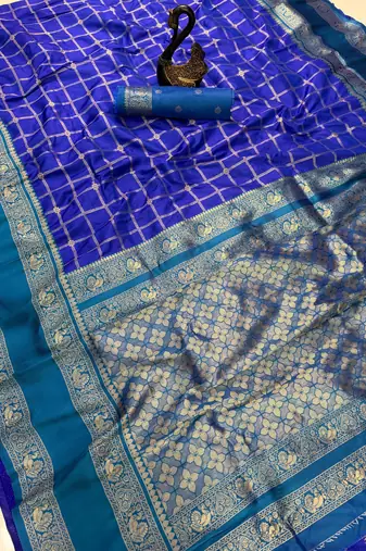 blue kanjivaram silk saree gold zari checks weave