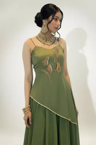 green embroidered crepe lehenga set