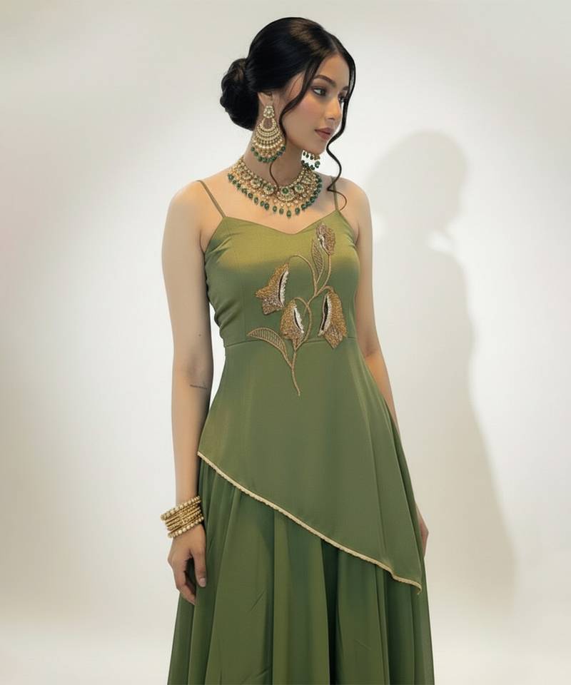 green embroidered crepe lehenga set