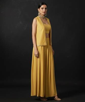 Yellow embroidered crepe co ord set 2
