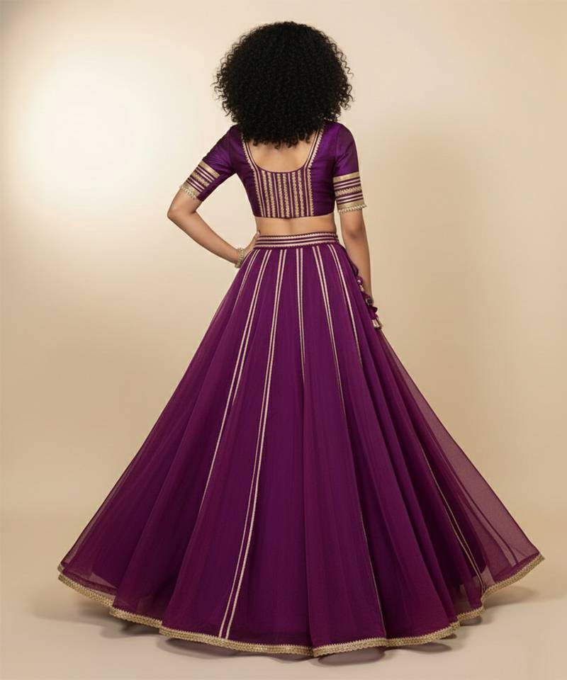 purple embroidered organza lehenga set