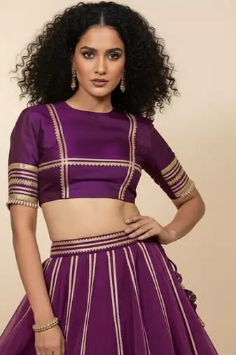 purple embroidered organza lehenga set