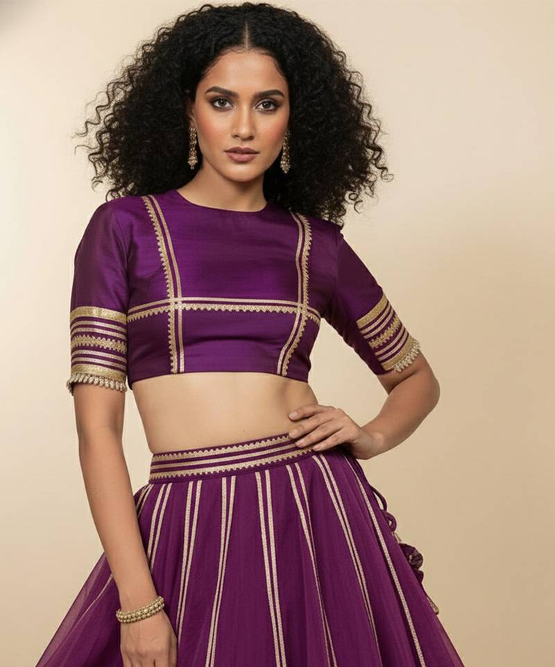 purple embroidered organza lehenga set