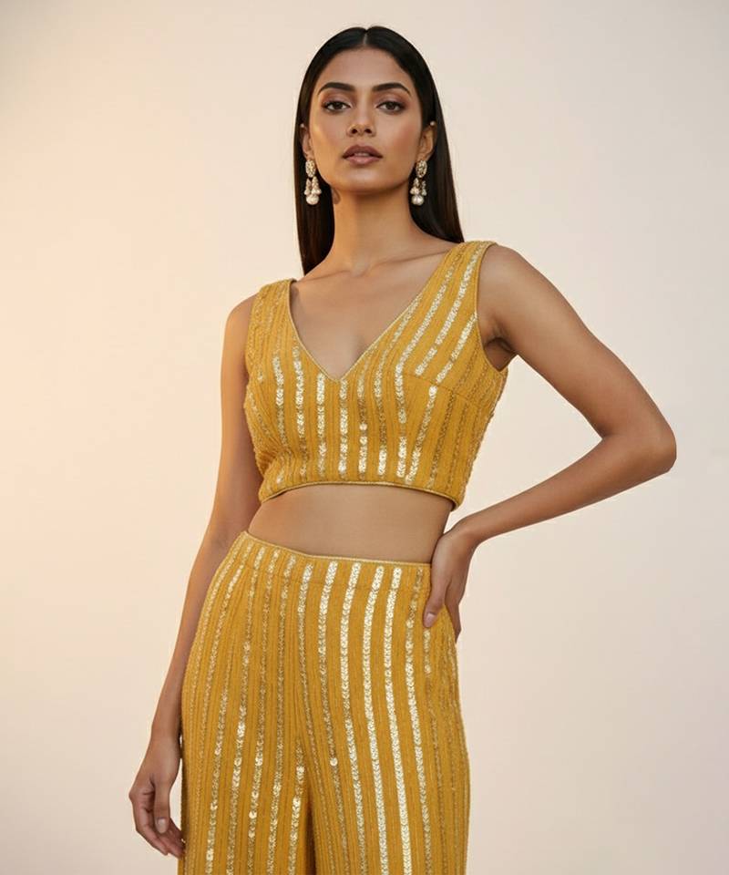 Yellow embroidered georgette co ord set