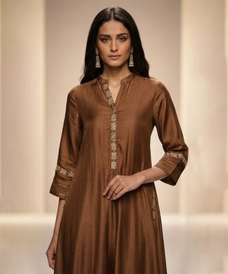 Brown embroidered chanderi anarkali kurta set 2
