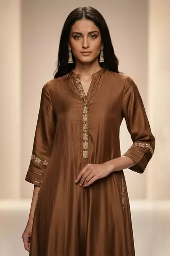 Brown embroidered chanderi anarkali kurta set