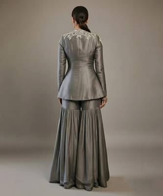 Grey embroidered raw silk indo western sharara set 2