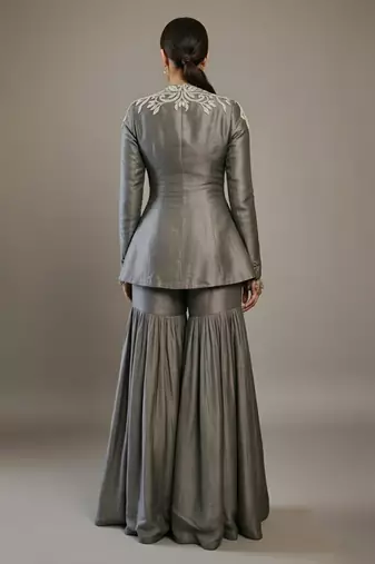 Grey embroidered raw silk indo western sharara set