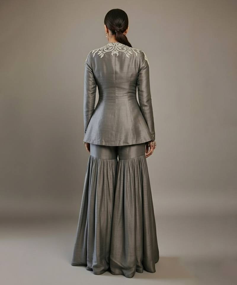 Grey embroidered raw silk indo western sharara set