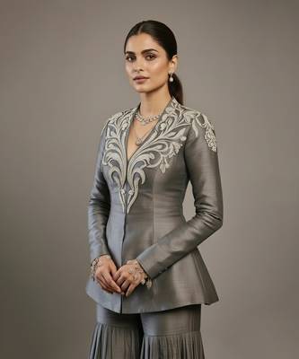 Grey embroidered raw silk indo western sharara set 3