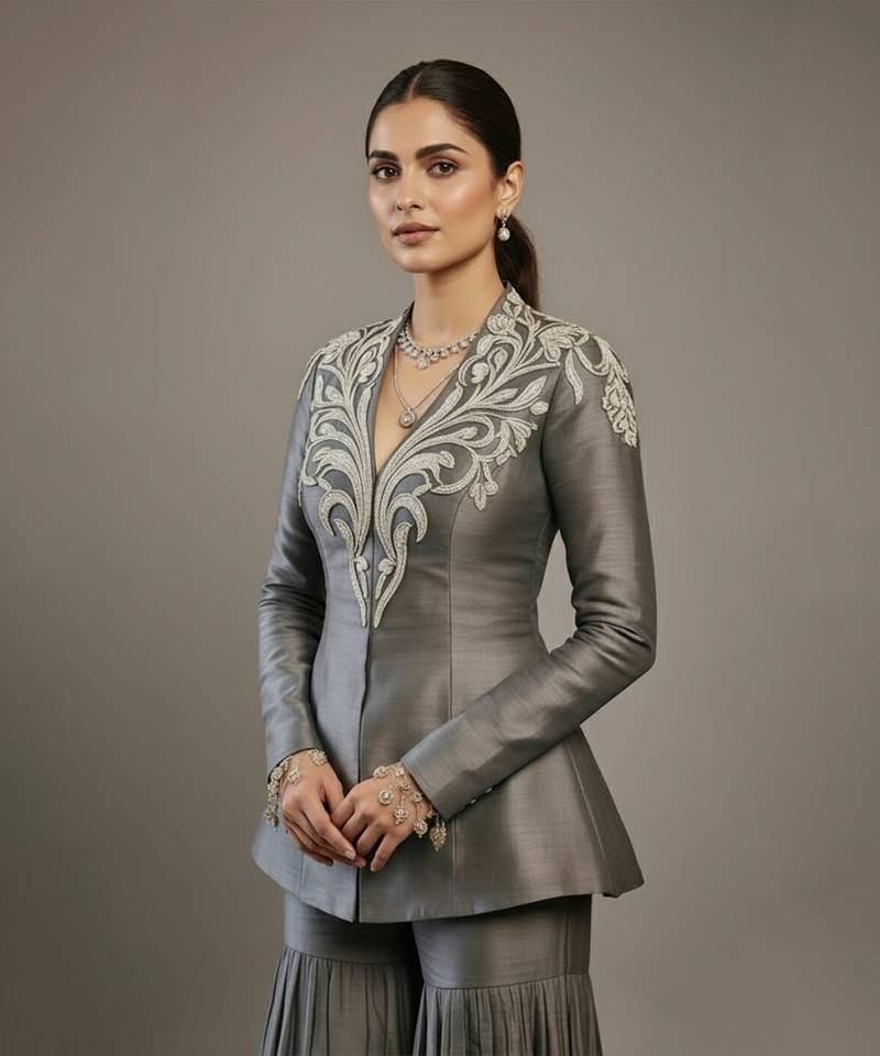 Grey embroidered raw silk indo western sharara set