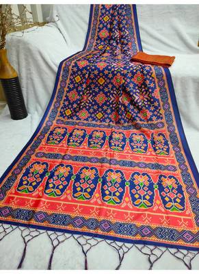 Digital print assami silk saree with jequared unstitched blouse and beautiful multicoloured thred work at pallu 2