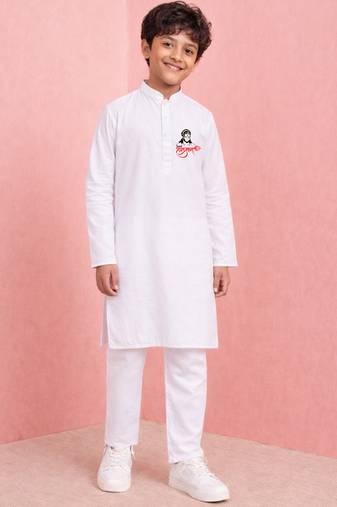 Boy's white pure cotton kurta pyjama set | hanuman jayanti special print | festive & casual