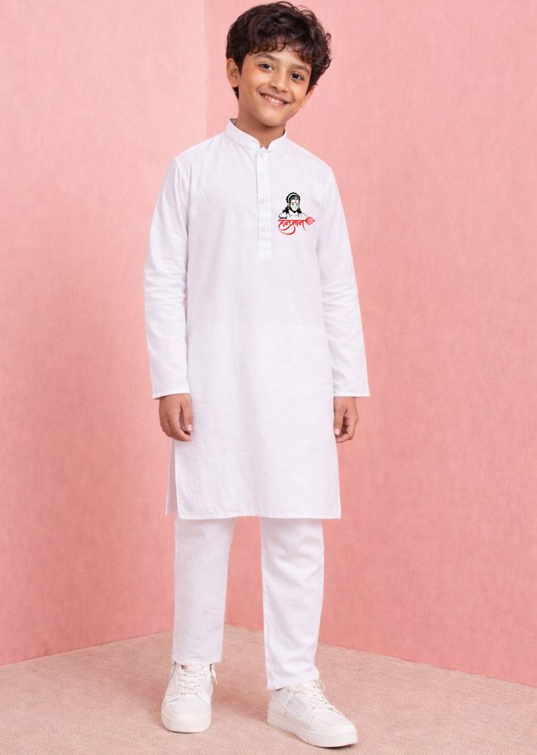 Boy's white pure cotton kurta pyjama set | hanuman jayanti special print | festive & casual