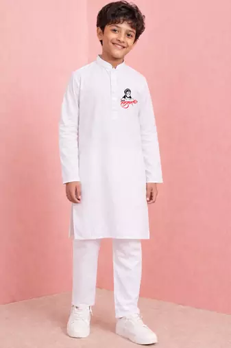 hanuman print boys kurta pajama white cotton set