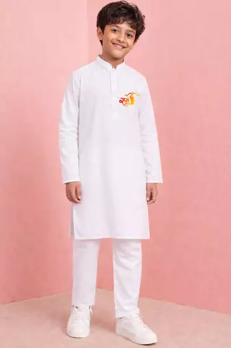 Boy's white pure cotton kurta pyjama set | ram special print | hanuman jayanti festive wear