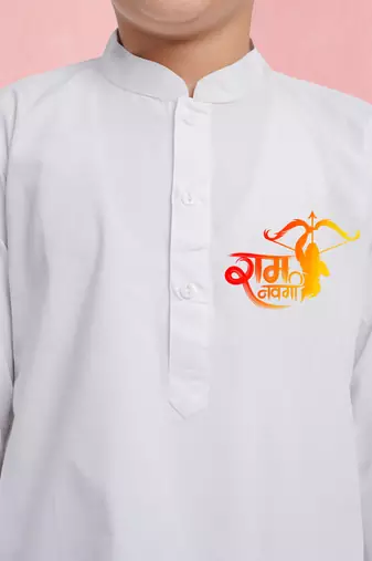 Boy's white pure cotton kurta pyjama set | ram special print | hanuman jayanti festive wear