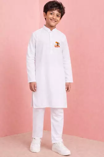 boys white cotton kurta pajama jay shree ram set