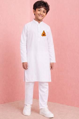 Boy's white pure cotton kurta pyjama set | hanuman jayanti special print | festive & casual