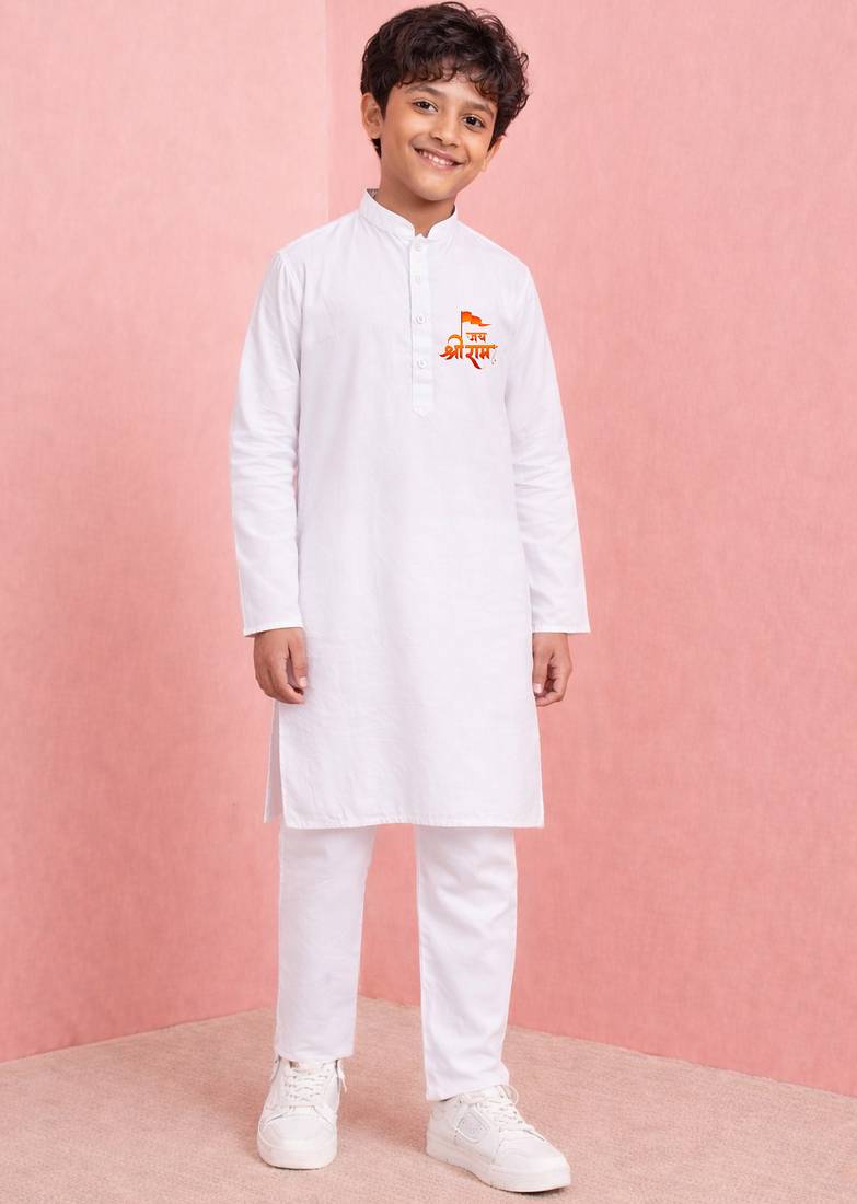 Boy's white pure cotton kurta pyjama set | ram special print | hanuman jayanti festive wear