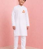 boys white cotton kurta pajama ram print festive set